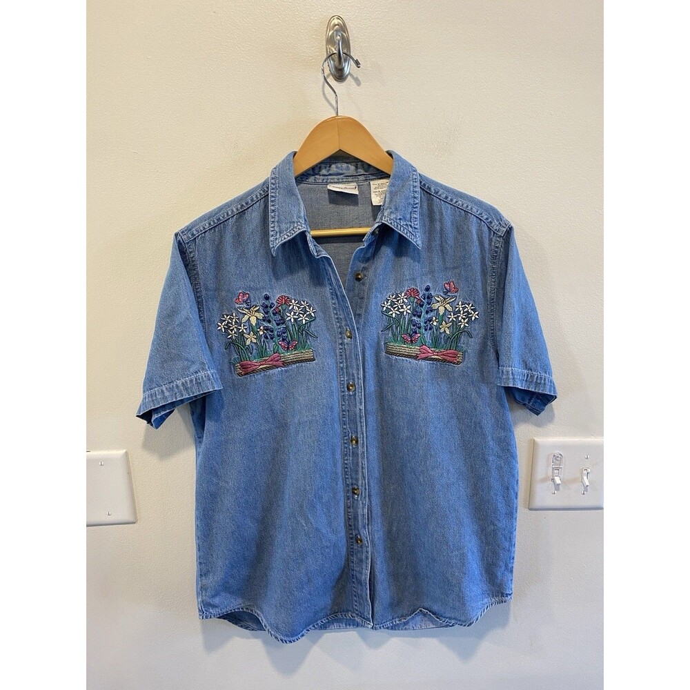Vintage Bobbie Brooks Denim Floral Embroidered Short Sleeve Shirt Med Cottage